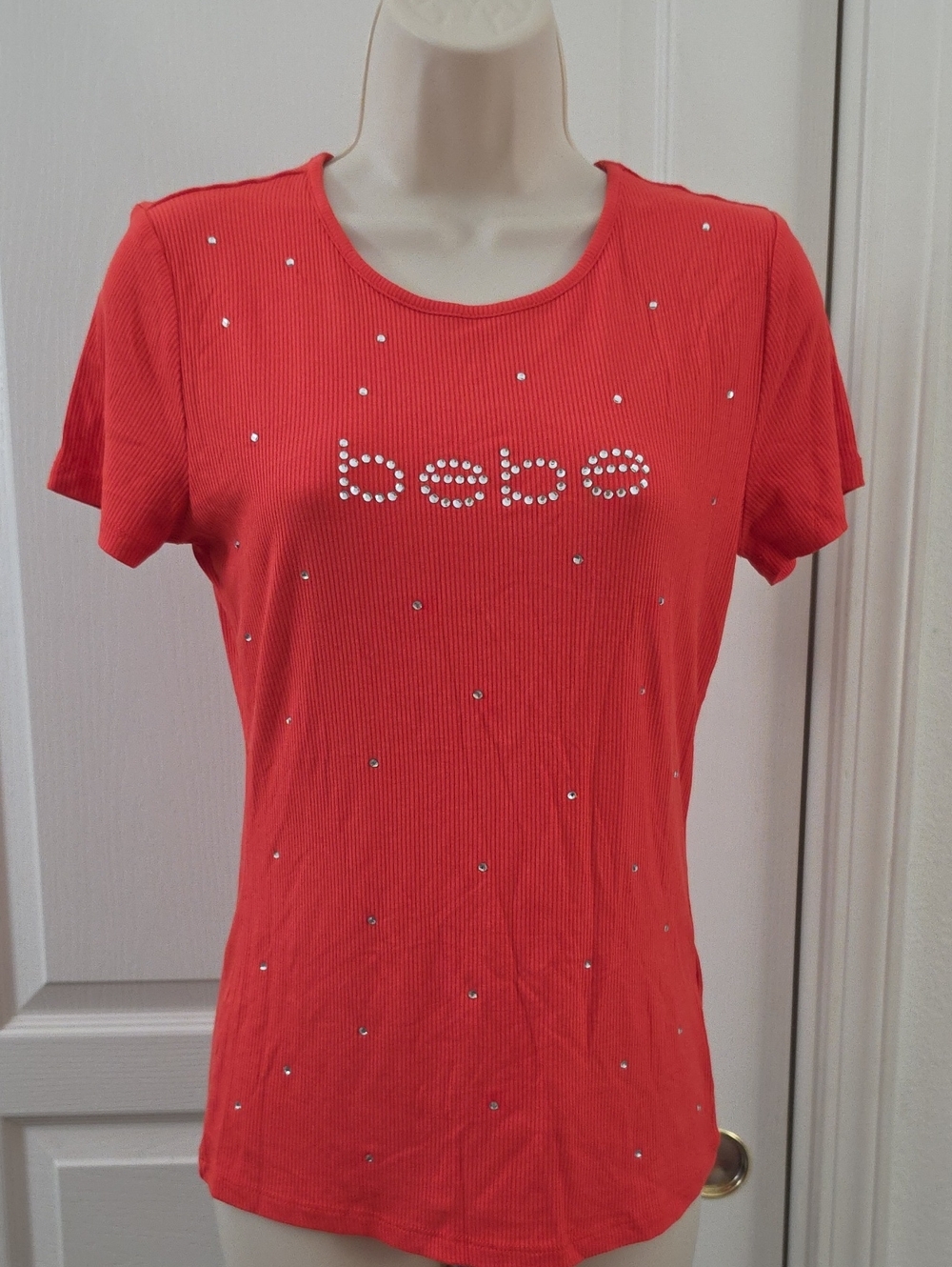 bebe | Ribbed Short Sleeve Tee with Crystal Logo Red NWT Y2K Aesthetic- Size M